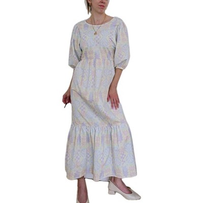 Damson Madder Maxi Baumwollkleid Popeline voluminöse Ärmel Uk 10 weiß pastell