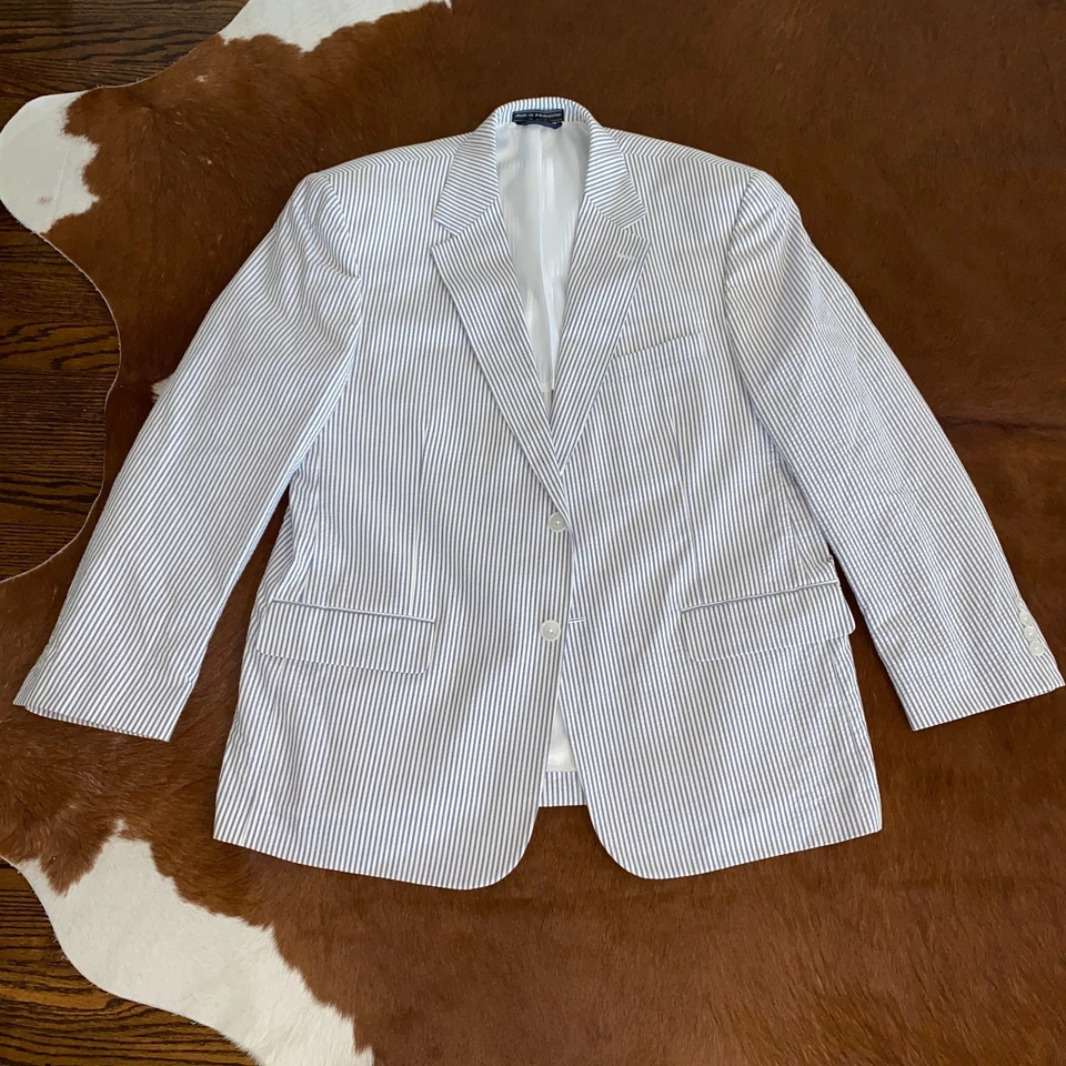 Haspel Seersucker Suit Two Piece Blue Stripes 44 S Jacket Pants 34W/30L - Image 2 of 4