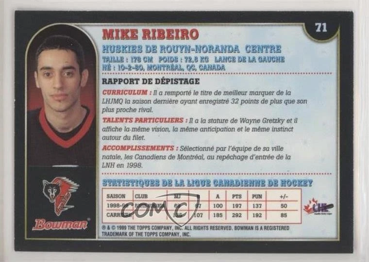1999-00 Bowman CHL O-Pee-Chee International Mike Ribeiro #71 Rookie RC - Image 2 of 2