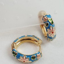 Blue Floral Enamel Hoop Earrings Gold Tone Hinged Huggie Garden Tea Party