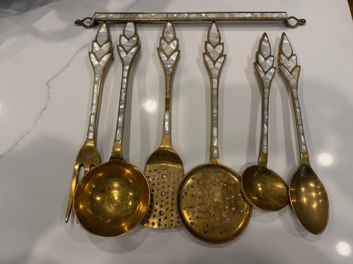 Handmade Brass hanging 8 Piece Serving Utensils With Mother Of Pearl Accent.