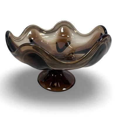 Vintage Viking Epic MCM Smoke Brown Glass Swung Pedestal Compote Bowl 6 Petal