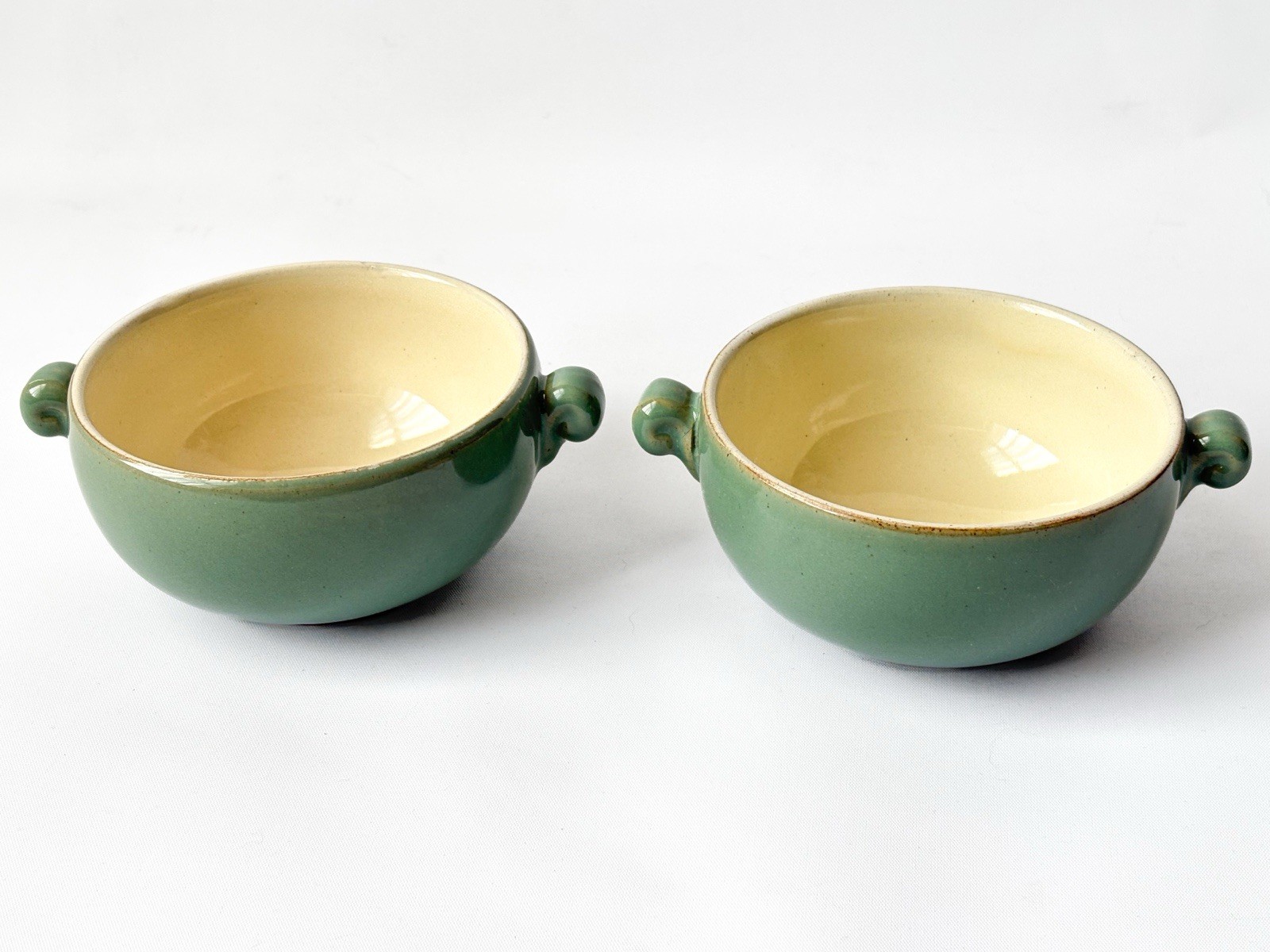 Vintage Denby Stoneware Soup Bowls Set of 2 Green Handled Bowls Made in England