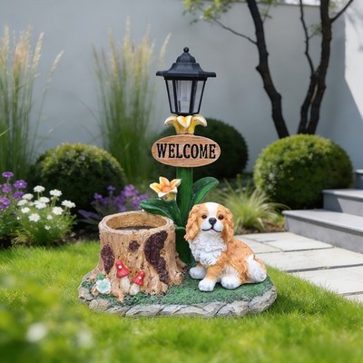 Solar Lantern Sitting Dog Statue Planter Garden Outdoor Decor Yard Ornament