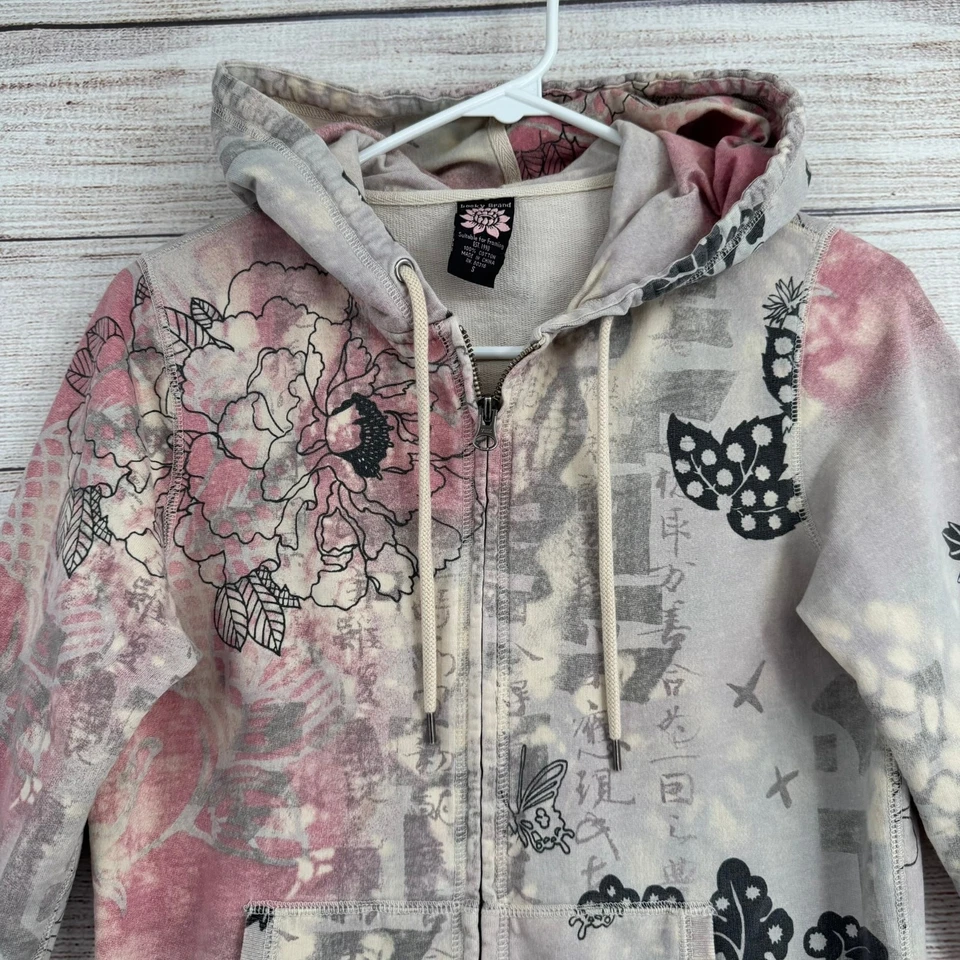 Lucky Brand Asian Floral Butterfly Print Full Zip Hoodie Womens Small Pink Gray - Image 3 of 4