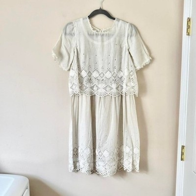 Edwardian eyelet lace short day dress tea lawn AS IS - XS antique cotton