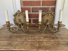 Vintage Pair Of Brass 2 Arm Ornate Hard Wired Electric Wall Sconces-Union Made