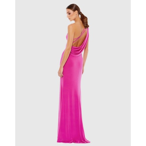 Robe longue neuve avec étiquette Mac Duggal taille 4 rose bonbon jersey une épaule dos drapé - Photo 3 sur 9