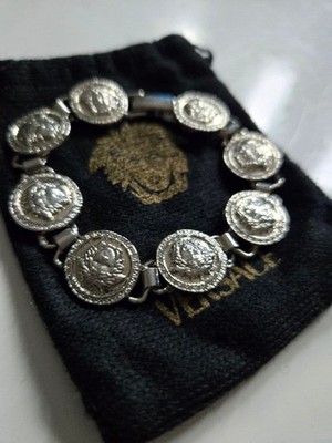 Versace Style Coin Motif Bracelet Silver Metal 20cm Vintage Rare