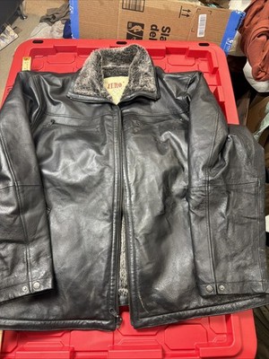 Mens 3XL Genuine Leather Jacket Fur Lined Black Heavy Coat Zipper Issue