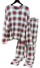 RALPH LAUREN Women XL Pajama Jogger Pant Set Ivory Plaid Jersey Blk Label Cotton