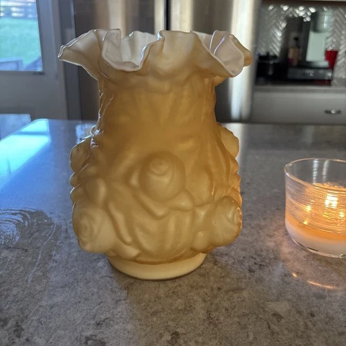 1950’s FENTON L.G. Wright 8" Embossed Puffy Rose Pink Glass Overlay Satin Vase