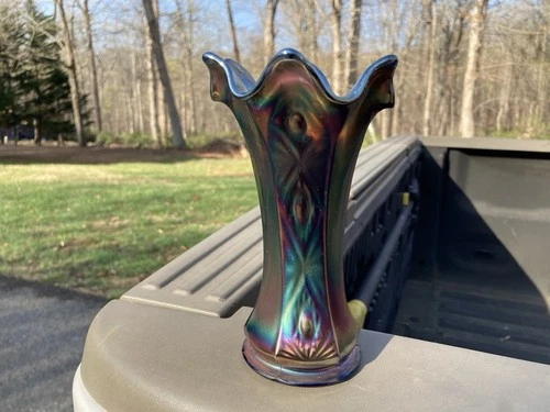 Antique Fenton Electric Blue Carnival Glass Vase / Diamonds And Bows