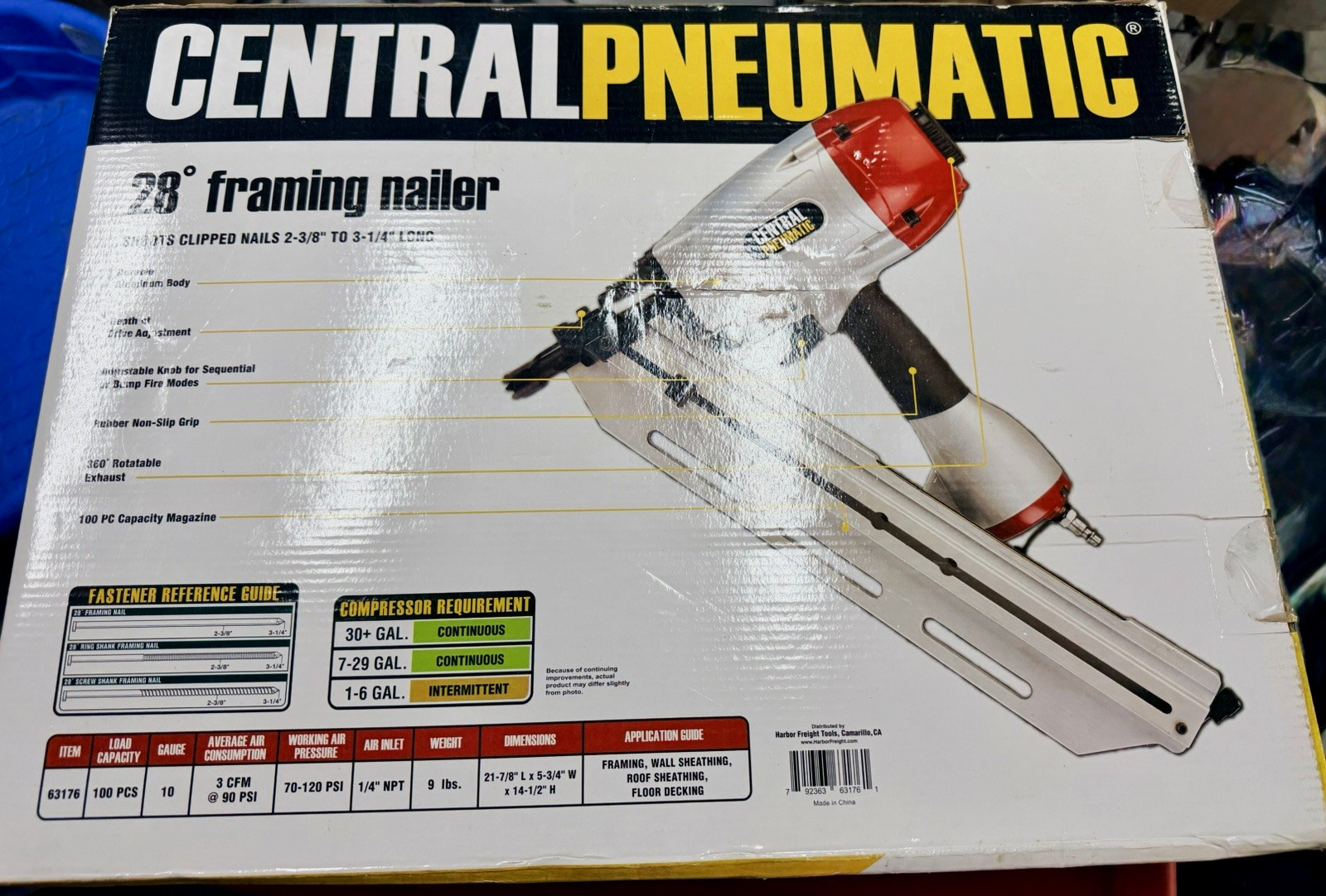 New Central Pneumatic 28 Degree Air Framing Nailer Gun Item 63176 Open Box NIB