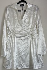CIDER Women's White Satin Floral Jacquard Mini Dress Lace Up Long Sleeve XL