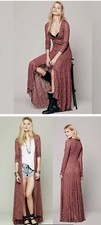 Free People FP Beach Maxi Duster Wow drapey Long Train LS Cardigan Deep-V red XS