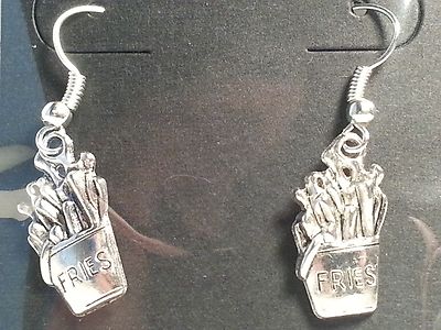 Silver Tone French Fries Drop Style Hook Earrings - Fashion Jewelry