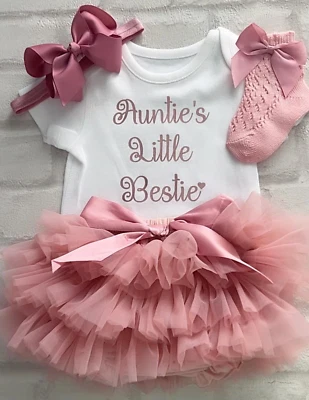 FLORENCE LILY BOUTIQUE Auntie’s Little Bestie Baby Girl Tutu Knickers Outfit Dusky Pink Rose Gold Socks