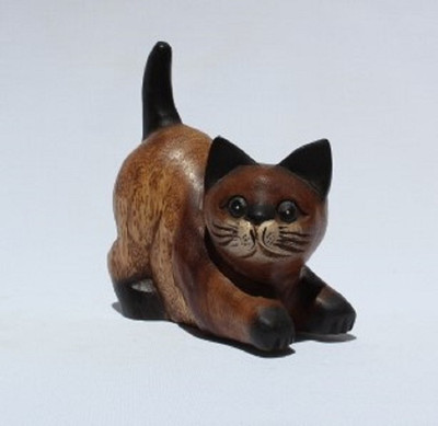 Fair Trade Wooden Playful Cat with Painted Face 14cm size from Thailand New!