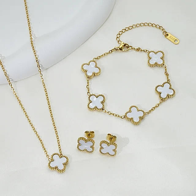 Damen Armband Ohrring Armreif Edelstahl 18K Gold Modeschmuck Set mit Kleeblatt.