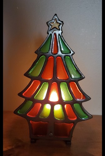 Vintage Enesco Tiffany Stil Weihnachtsbaum Buntglas Kerzenhalter Gusseisen
