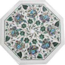Mesa de esquina central de mármol blanco de 12"" con incrustación de piedra de flores de lapislázuli malaquita w16