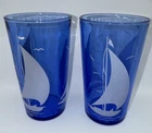 Pair of Vintage Hazel-Atlas Cobalt Sailboat Glasses 4 5/8 in tall Great cond
