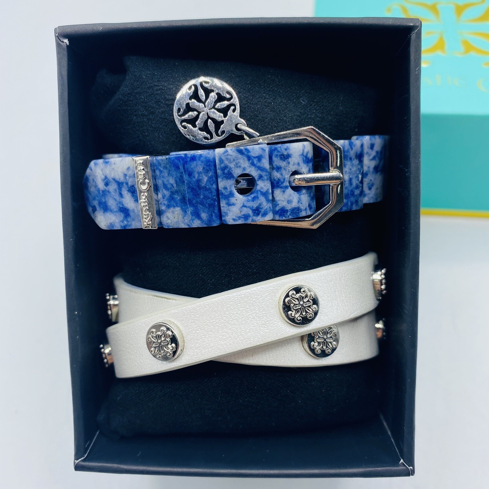 2 Rustic Cuff Bracelets Blue Marble Mini Charay &… - image 1