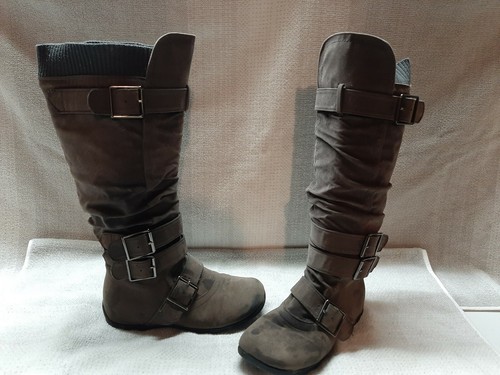 Anna para Mujer Moda Slouchy Top Tejido Botas Planas dos Hebilla Gris LDS 8  | eBay