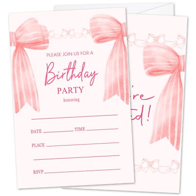 Pink Bow Birthday Party Invitations for Women Girls Birthday Invitations Girl...