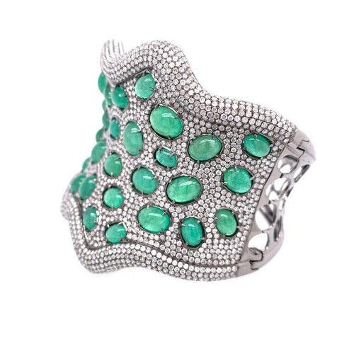 Cabochon Shape Incredibly Bold 38.61CT Emeralds & White 17.3CT Diamonds Bracelet - Picture 2 of 7