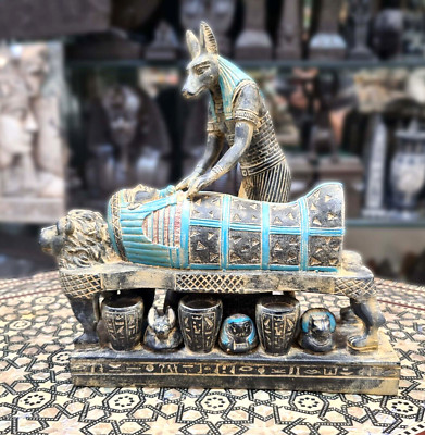 God Anubis Mummifying King Tutankhamun Exquisite Colored Stone Detailed