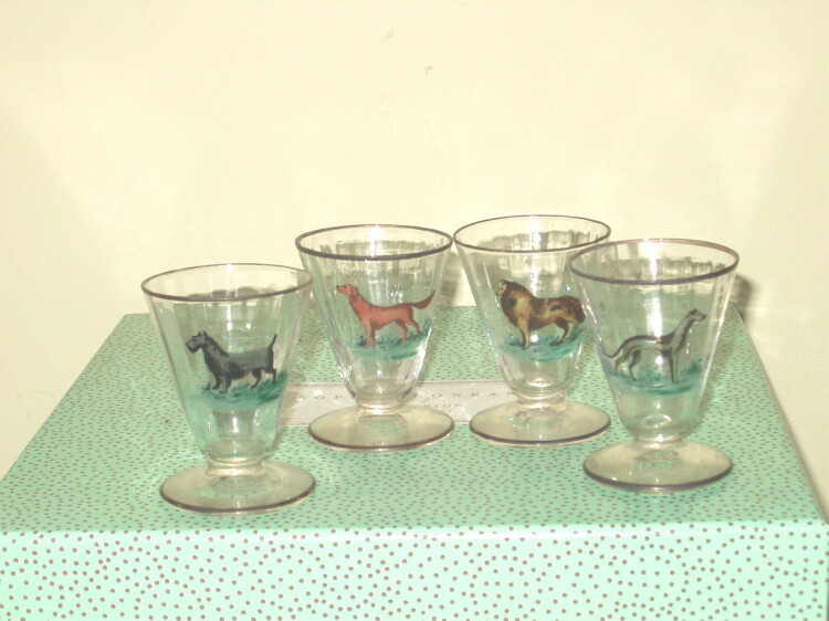 Four Vintage Delicate and Thin Glasses with Four Different Dogs