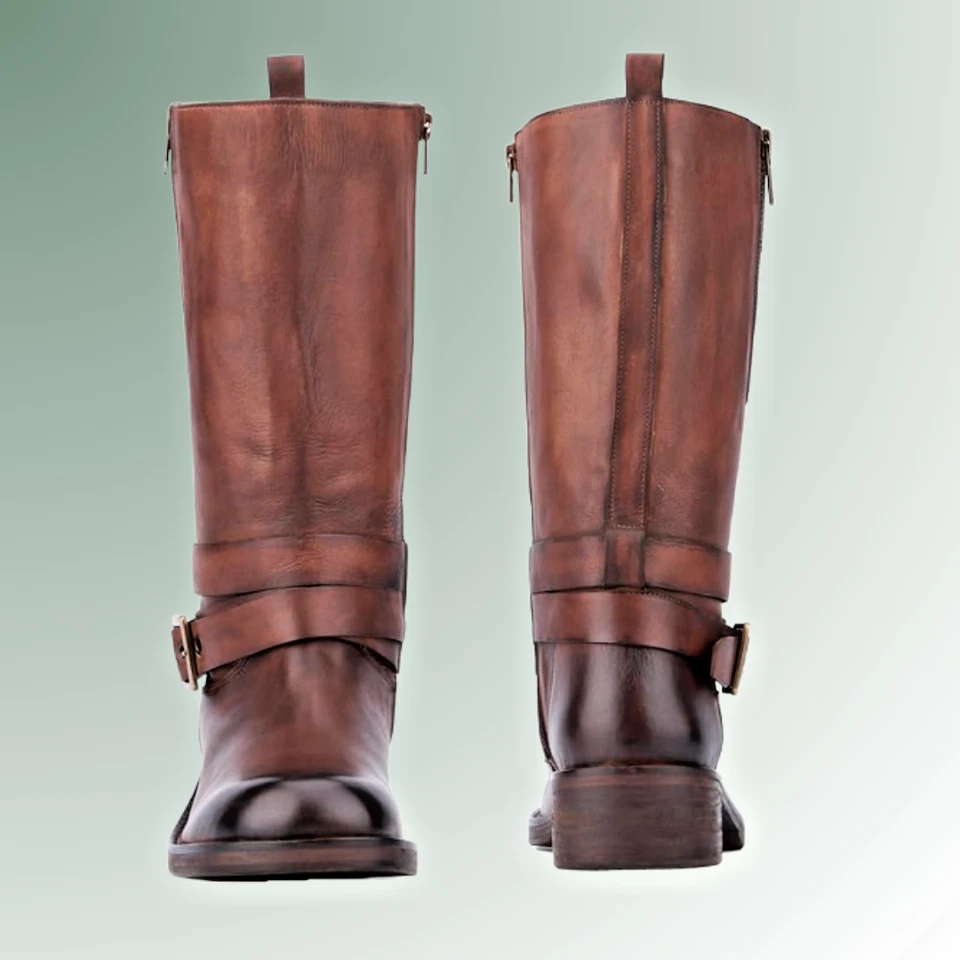 Botas de cuero vintage marrón hechas a mano, botas de montar clásicas con correa con hebilla, media pantorrilla Foto 4 de 4