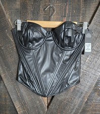 Fashion Nova Black Faux Leather Corset Top Medium Zip Boned Women NWT