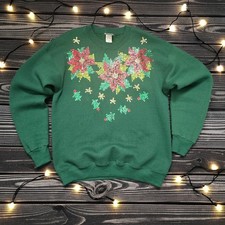Vintage Lee Sturdy Sweats Green Sequin Poinsettia Christmas Sweatshirt Mens L
