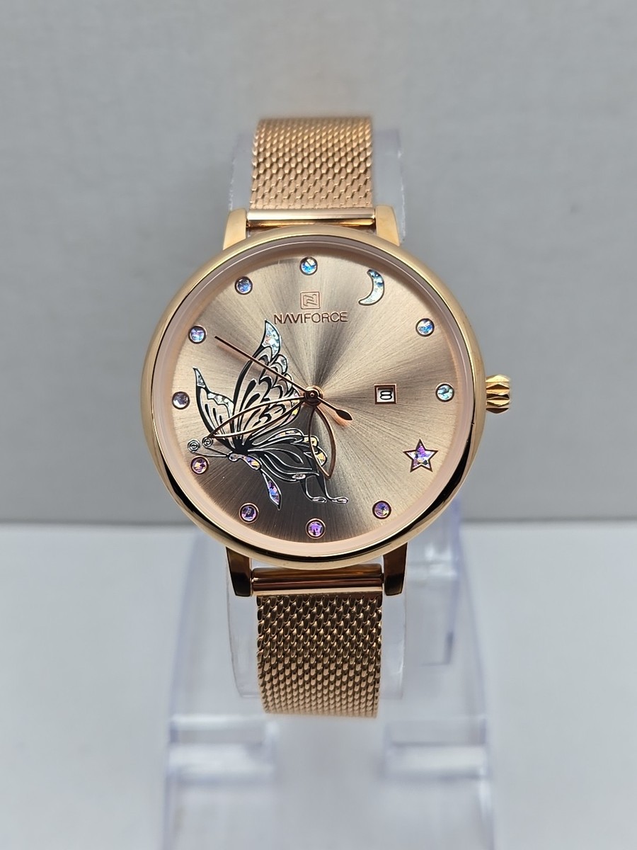 Naviforce NF5011L Rose Gold Butterfly Mesh Quartz Date Watch 