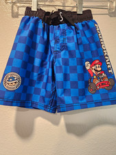 Mario Kart Boys Swim Shorts Blue/Black Checkered Mario Size 4/5 Drawstring