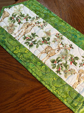 Handcrafted-Quilted Table Runner-Christmas in Nature-Deer,Holly,Berries Gr Batik