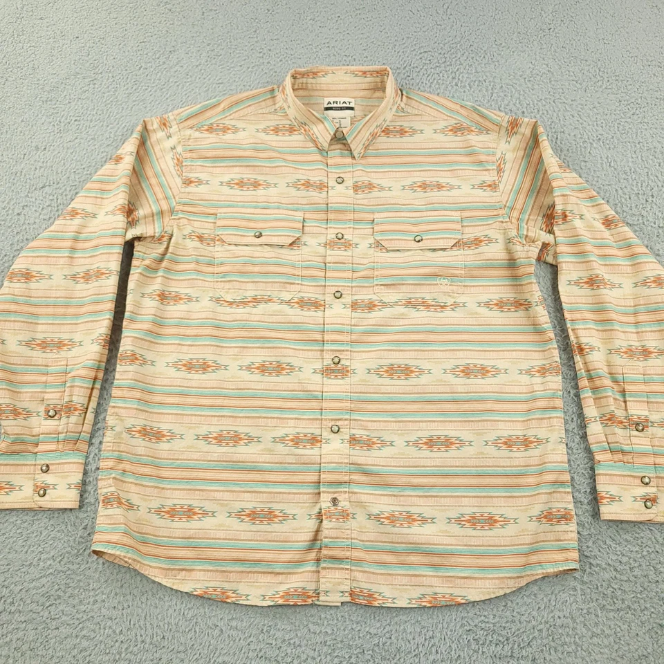 Ariat Shirt Mens XL Tan Aztec Stripe Western Pearl Snap Retro Fit Long Sleeve - Image 3 of 4