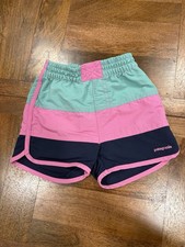 Patagonia Boys Swim Trunks In Mint, Pink and Blue With Logo Elastic Waist Sz 4T