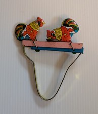 Vintage Tin Litho Metal Rooster Chicken Pecking Hand Squeeze