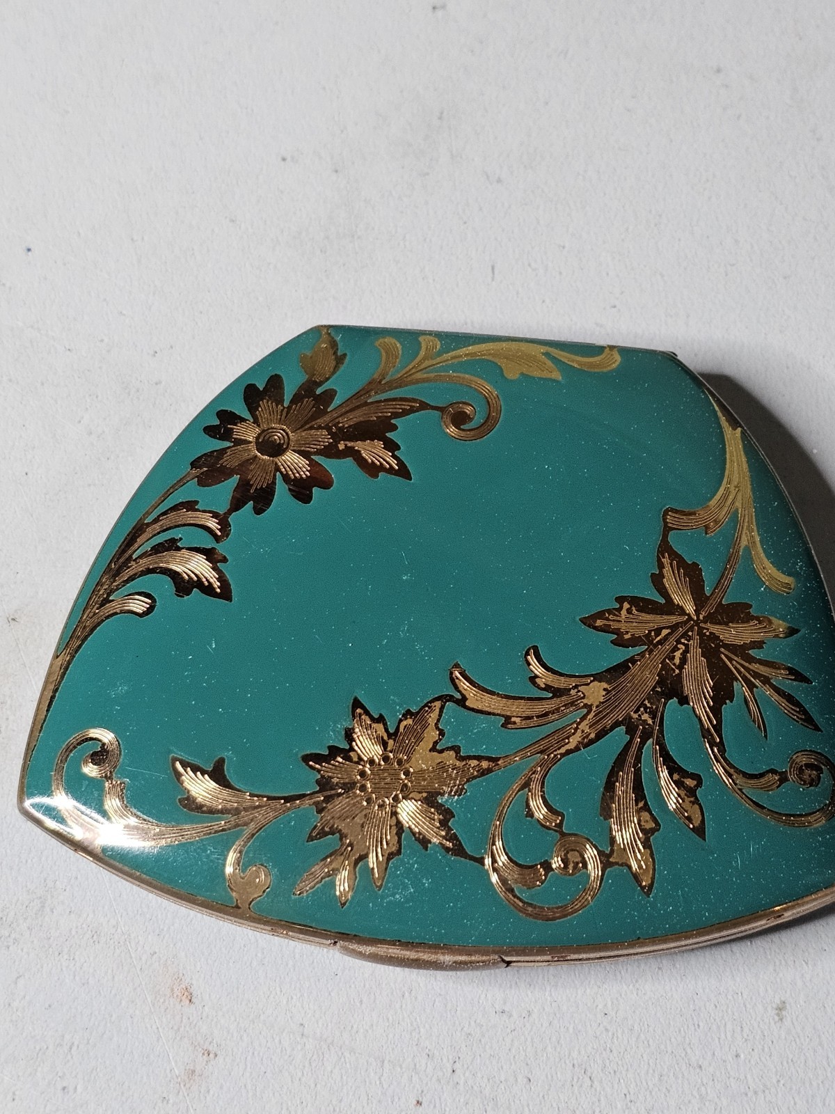 Vintage Elgin Powder Compact Turquoise Gold Floral w Mirror