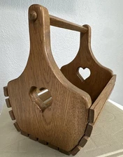 Vintage Wooden Slatted Heart Basket Sturdy Wood Magazine Holder 7x9