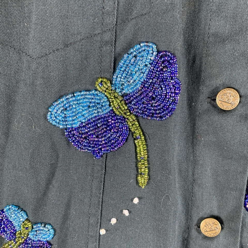 Quacker Factory Women 2X Denim Jacket Dragonfly Black Beaded Shacket Embroidered - Image 3 of 4