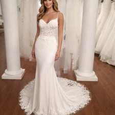 UK White/Ivory Open Back Spaghetti Lace Mermaid Beach Wedding Dresses Size 6-18