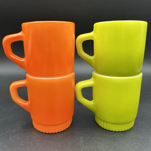 4 Vintage Anchor Hocking Fire-King Stackable Mugs Orange Green Oven Proof USA