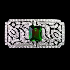 Emerald & Diamond 10K White Gold Over Rectangular Art Deco Style Brooch Pin 1PC