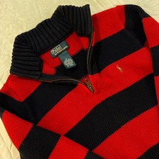 Polo Ralph Lauren Kids Navy Red Striped Quarter Zip Cotton Sweater Size 7