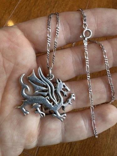 Winged Clawing Dragon Sterling Silver Pendant on 20” Figaro Chain Necklace 11g